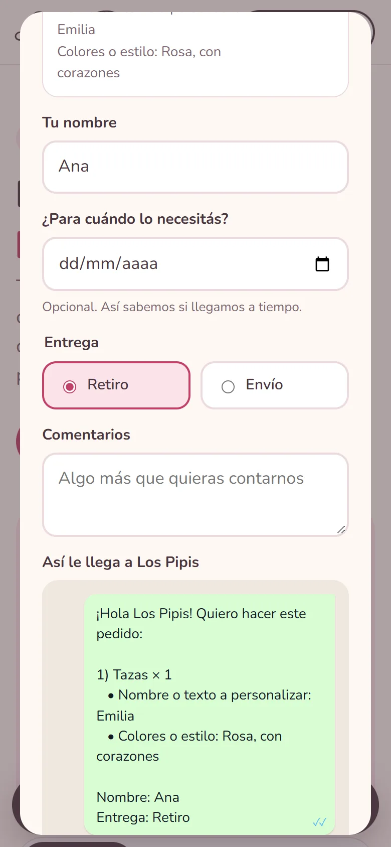 El pedido, tal como llega por WhatsApp