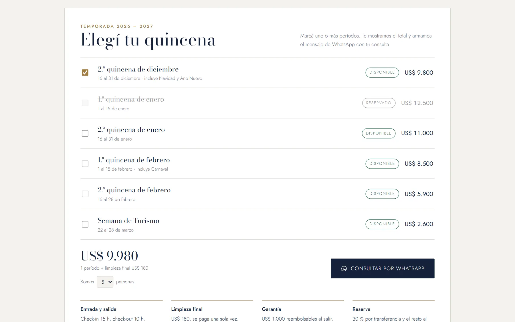 Selector de quincenas en computadora